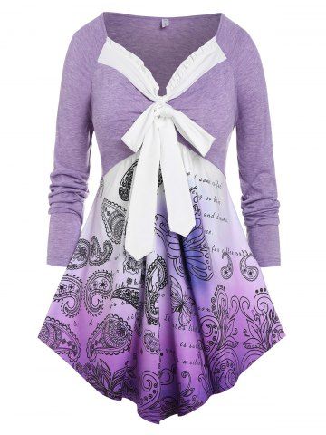 Plus Size Paisley Butterfly Print Bowknot Irregular Tee - LIGHT PURPLE - L