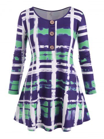 Plus Size Tie Dye Plaid Buttoned Tunic Tee