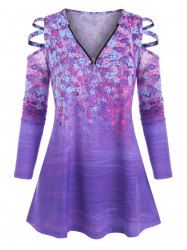 Plus Size Zippered V Neck Floral Ladder Cutout Tunic Top -  