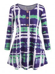 Plus Size Tie Dye Plaid Buttoned Tunic Tee -  