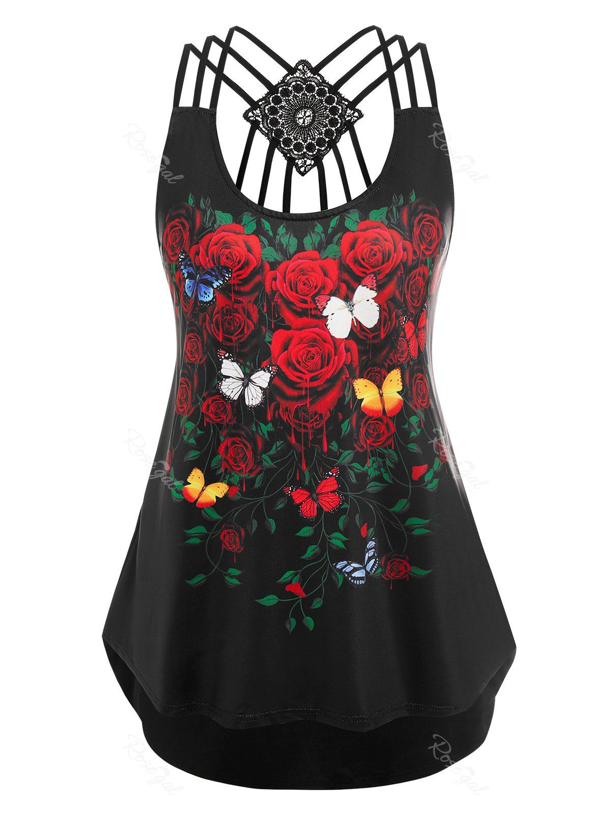 Latest Plus Size Lace Panel Strappy Floral Print Tank Top  