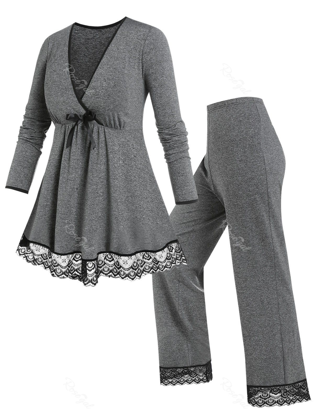 Trendy Plus Size Lace Panel Binding Empire Waist Pajama Pants Set  