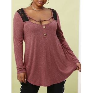 

Plus Size Cutout Lace Panel Tunic Tee, Deep red