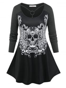 Plus Size Gothic Skull Wing Print O Ring T-shirt - BLACK - 5X