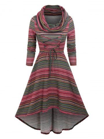 Cowl Neck Lace Up Colorful Stripe High Low Dress - MULTI - M