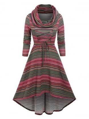 Cowl Neck Lace Up Colorful Stripe High Low Dress