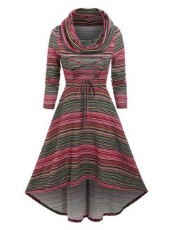 Cowl Neck Lace Up Colorful Stripe High Low Dress - MULTI - XXL