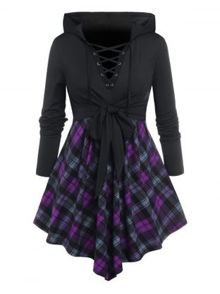 Plus Size Knotted Lace Up Plaid Skirted Hooded Tee