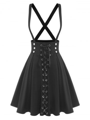 Plus Size Pleated Lace Up Suspender Skirt - BLACK - 4X