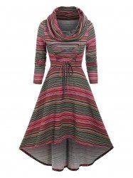 Cowl Neck Lace Up Colorful Stripe High Low Dress -  