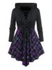 Plus Size Knotted Lace Up Plaid Skirted Hooded Tunic Top -  