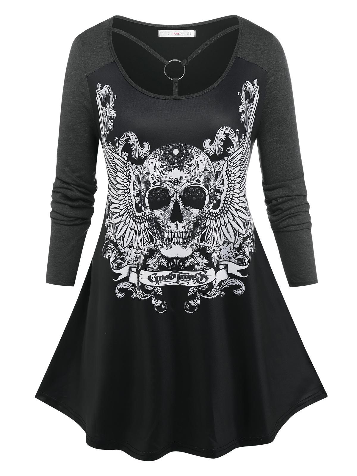 New Plus Size Gothic Skull Wing Print O Ring T-shirt  