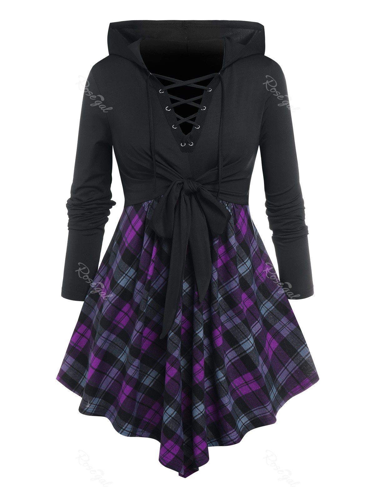 Online Plus Size Knotted Lace Up Plaid Skirted Hooded Tunic Top  