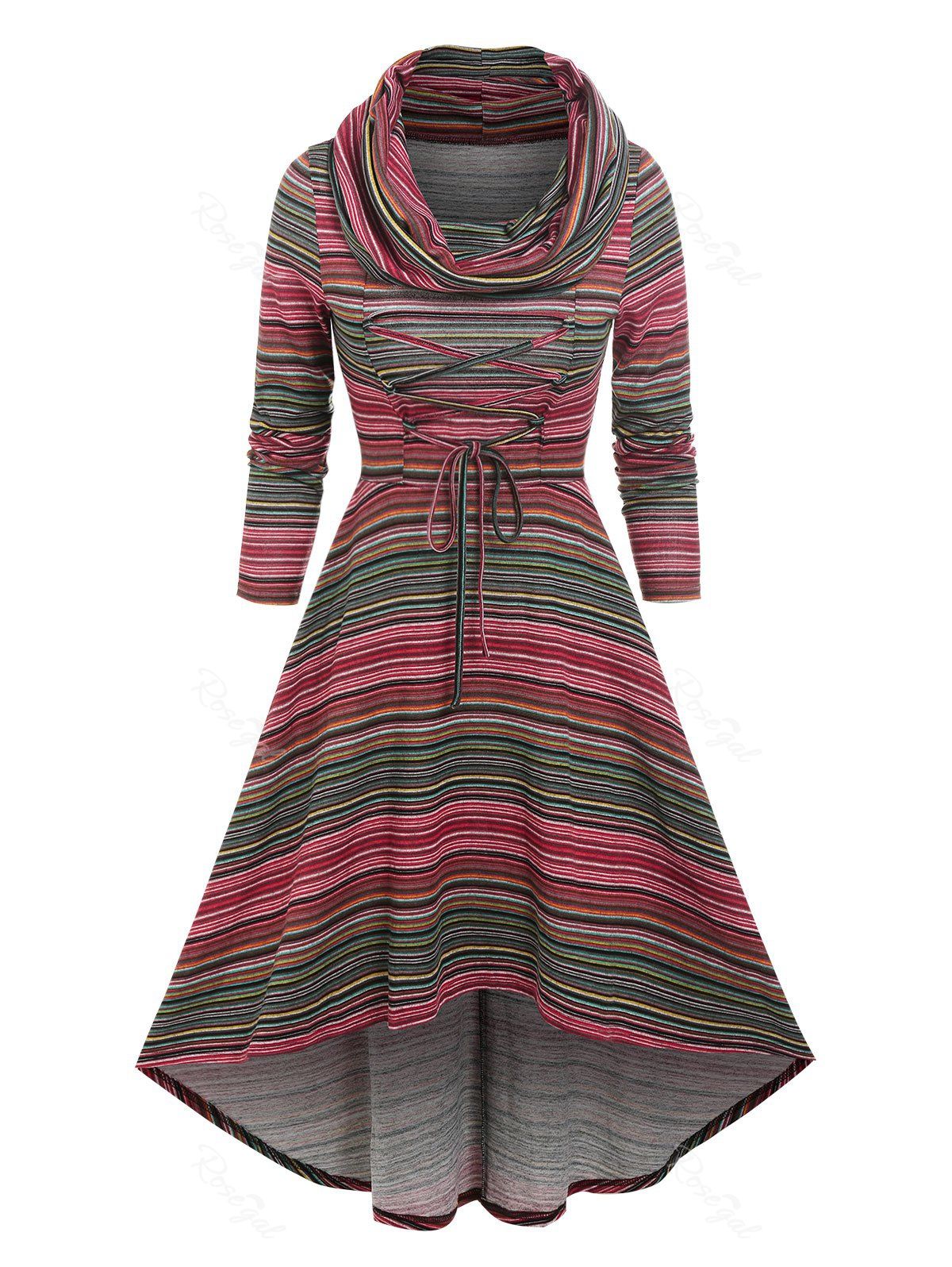 Trendy Cowl Neck Lace Up Colorful Stripe High Low Dress  