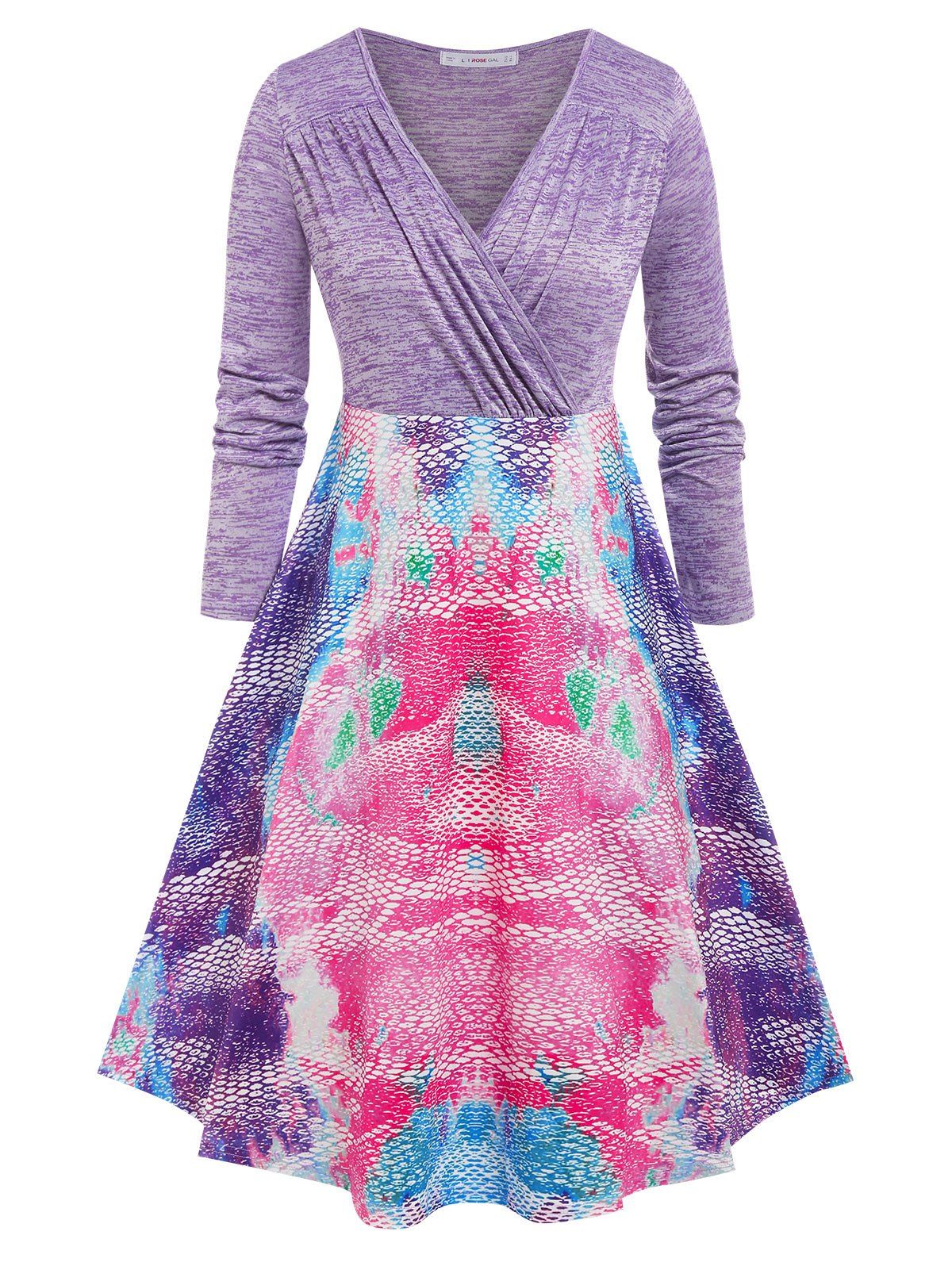 Robe Superposée Plissée Motif Abstrait de Grande Taille Violet clair 5X