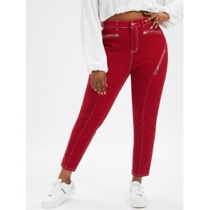 

Topstitching Zippered Front Plus Size Skinny Jeans, Red