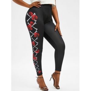 

Plus Size Skeleton Flowers Print Skinny Leggings, Black