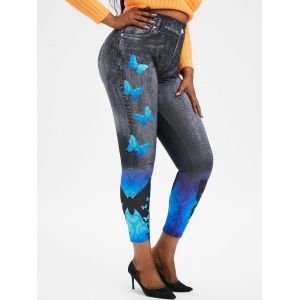 

3D Print Butterfly Plus Size Jeggings, Blue