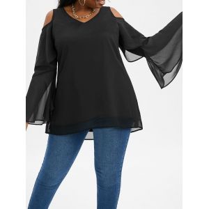 

Plus Size Layered Bell Sleeve Open Shoulder High Low Top, Black