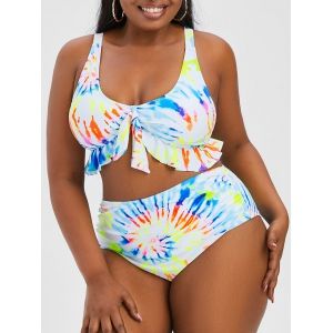 

Plus Size Neon Tie Dye Ruffle Lace-up Knot Ruched Bikini Swimwear, White