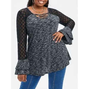 

Plus Size Space Dye Print Flower Lace Insert T-shirt, Gray