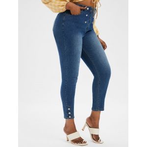 

Plus Size Mock Button Zipper Fly Jeans, Deep blue