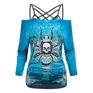 

Off The Shoulder Skull Butterfly Print Halloween Tee and Lace Strappy Camisole, Blue