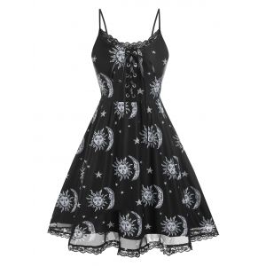 

Plus Size Sun And Moon Print Lace Retro Dress, Black