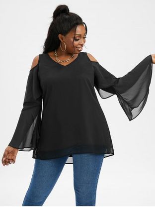 Plus Size Layered Bell Sleeve Open Shoulder High Low Top
