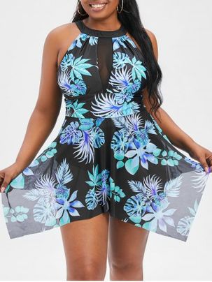 Plus Size Palm Leaf Mesh Panel Ruched Skirted Modest Swim Dress Set