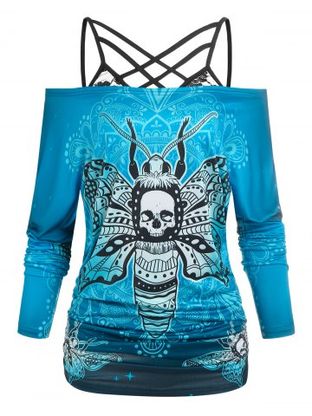 Off The Shoulder Skull Butterfly Print Halloween Tee and Lace Strappy Camisole