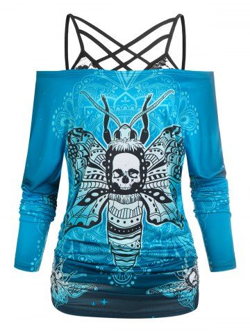 Off The Shoulder Skull Butterfly Print Halloween Tee and Lace Strappy Camisole - BLUE - XXXL