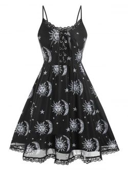Plus Size Sun And Moon Print Lace Fit and Flare Retro Dress - BLACK - 2X