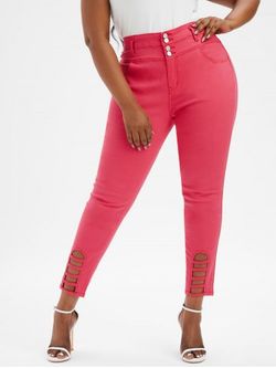 Plus Size High Waisted Ladder Cut Jeans - RED - 5X