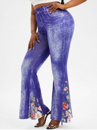 Plus Size Flowers 3D Jean Print Flare Pants