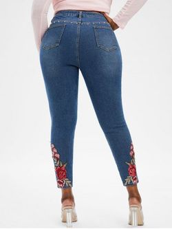 Plus Size Floral Applique High Rise Jeans - BLUE - 1X