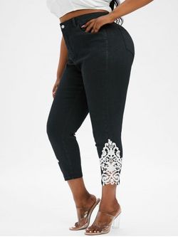 Plus Size Guipure Insert High Waisted Jeans - BLACK - 3X