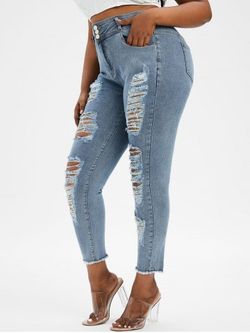Plus Size Ripped Distressed Frayed Skinny Jeans - LIGHT BLUE - L