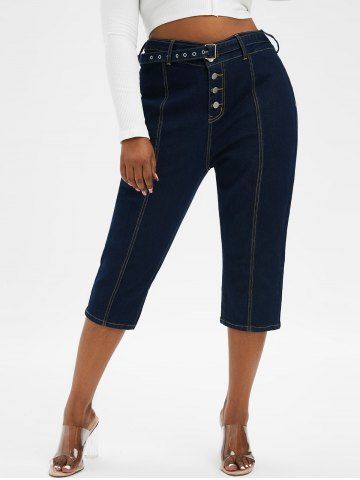 Plus Size & Curve Belted Button Fly Contrast Stitching Jeans - DEEP BLUE - L