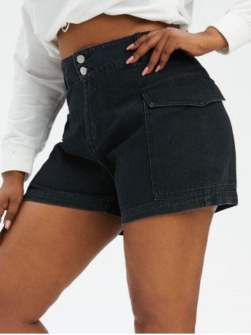 Plus Size & Curve Flap Pockets Denim Cargo Shorts - BLACK - 2X