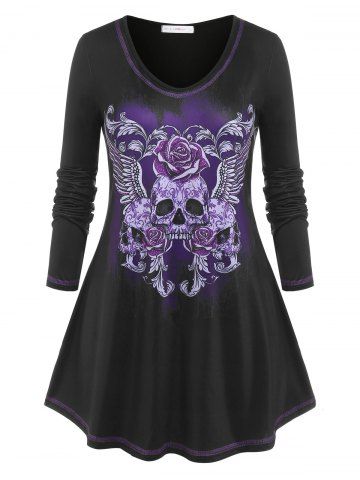 Plus Size Gothic Skull Flower Tunic Tee