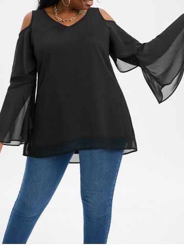 Plus Size Layered Bell Sleeve Open Shoulder High Low Top - BLACK - L