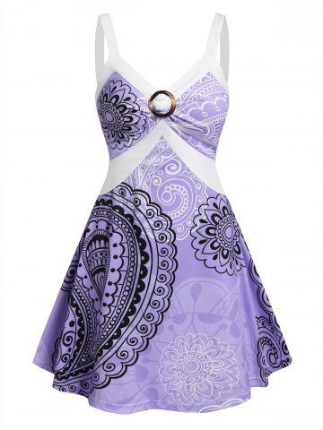 O Ring Floral Paisley Print Dress - LIGHT PURPLE - XXL