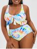 Plus Size Neon Tie Dye Ruffle Lace-up Knot Ruched Bikini Swimwear -  