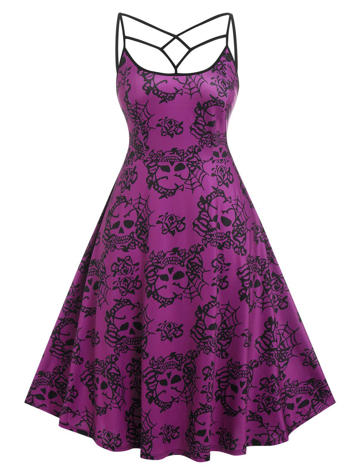 Discount Plus Size Skull Floral Print A Line Gothic Dress  