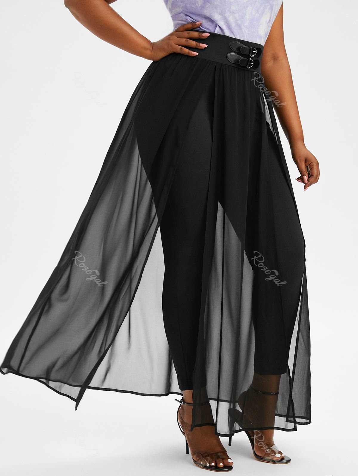 Discount Plus Size Buckle Embellished Skinny Pants with Split Chiffon Overlay  
