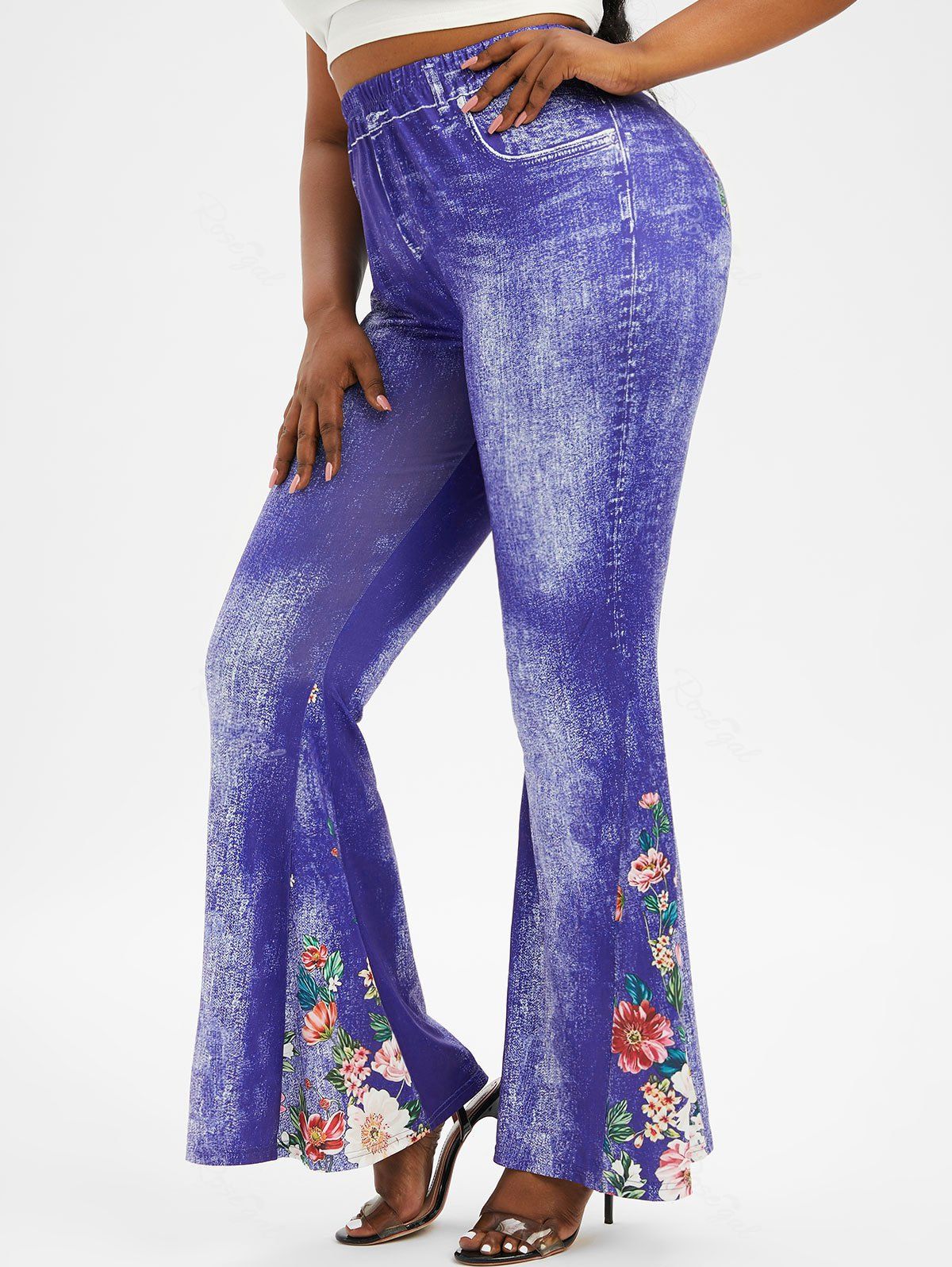 Pantalon Evasé à Imprimé 3D Fleur de Grande Taille en Jean Bleu 2X