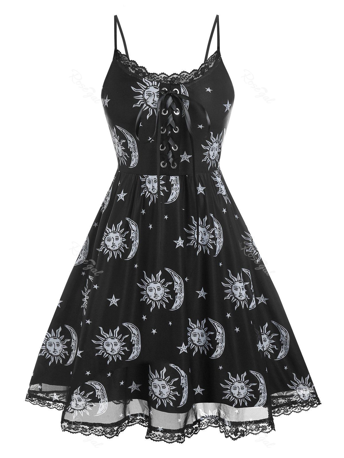 Trendy Plus Size Sun And Moon Print Lace Fit and Flare Retro Dress  