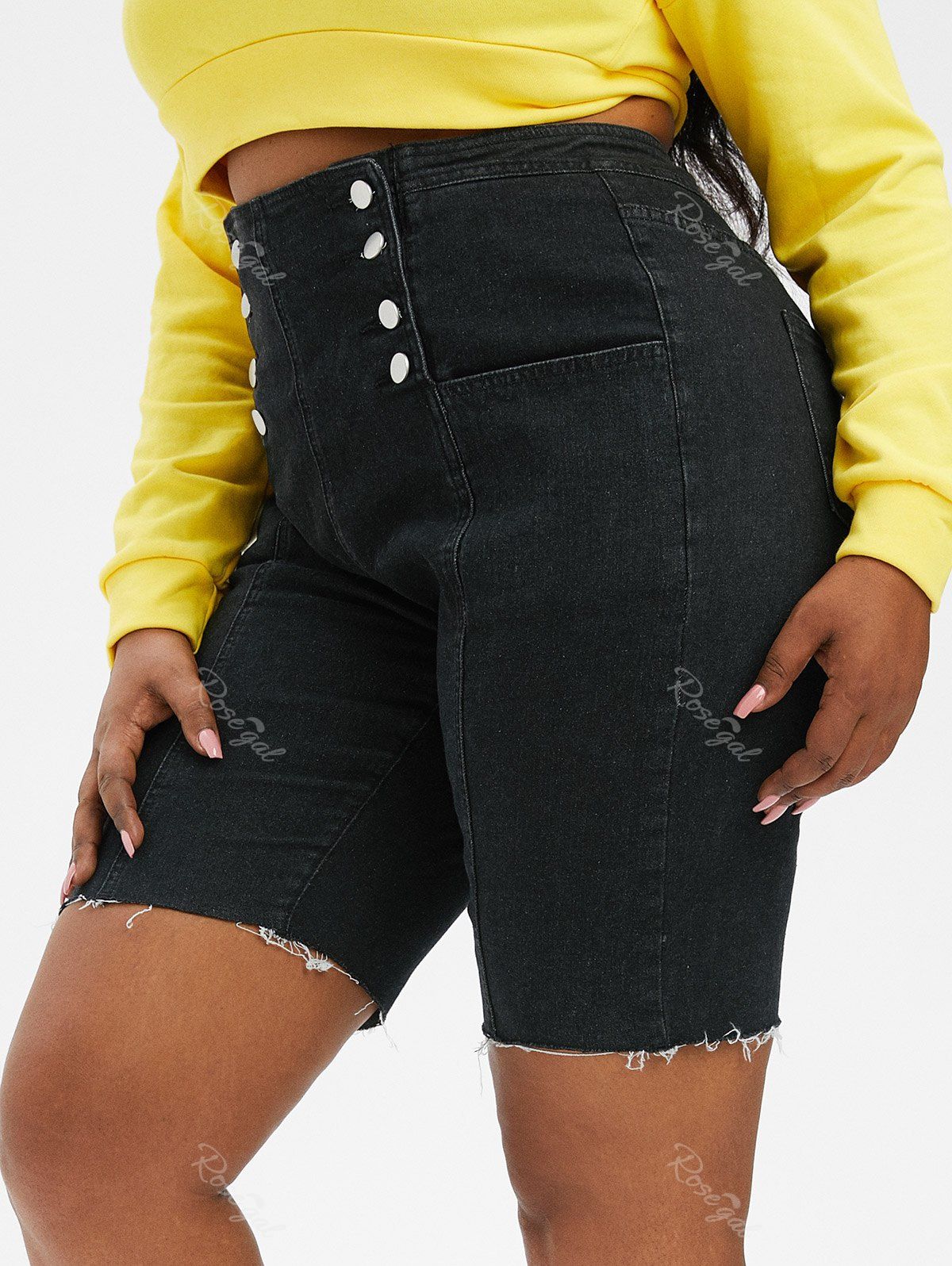 New Plus Size & Curve Frayed Double Breasted Denim Biker Shorts  