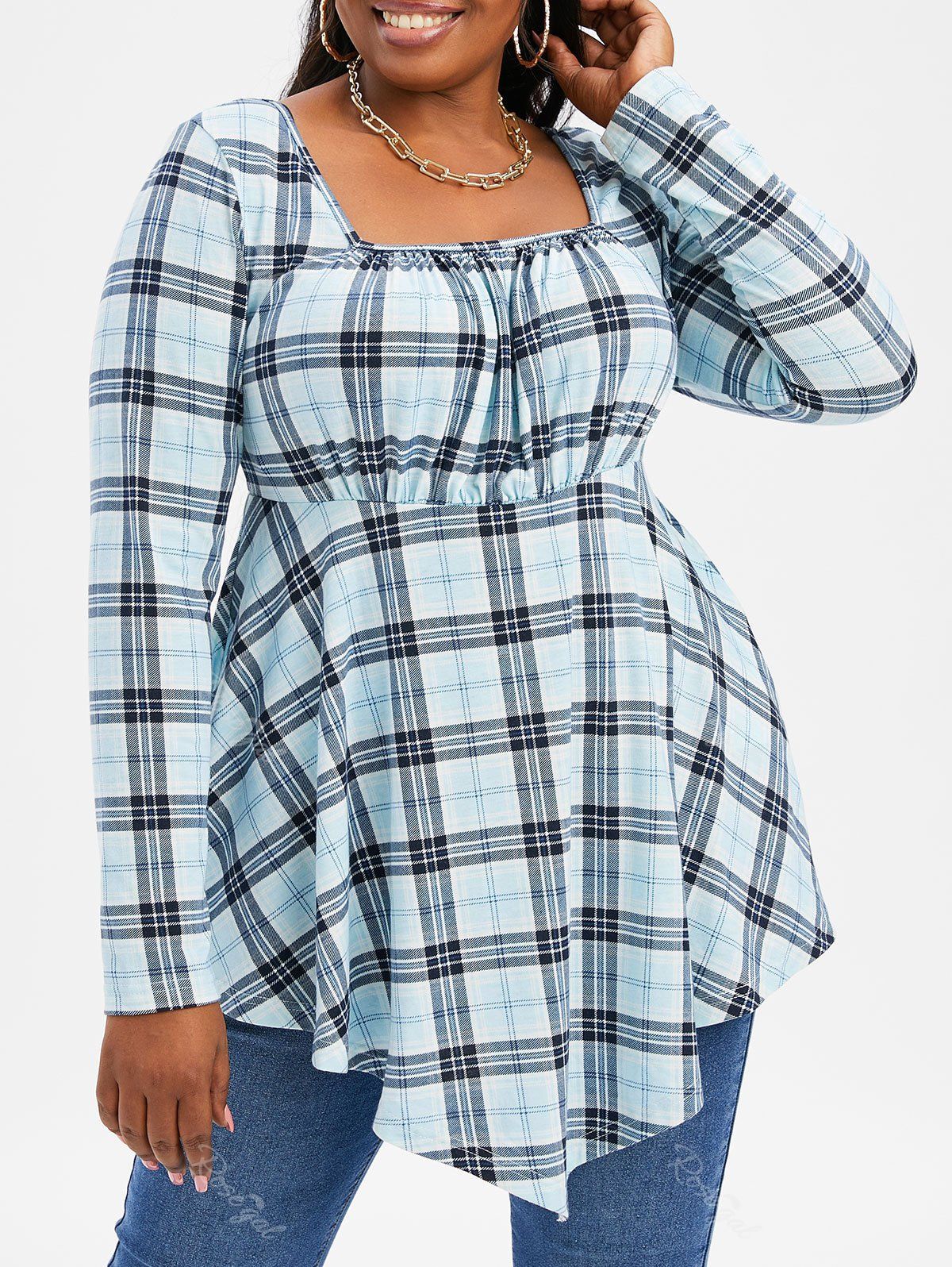 Outfits Plus Size Plaid Square Neck Irregular Tee  